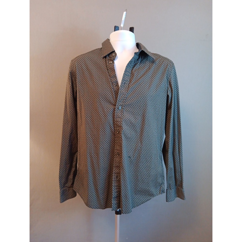 Diesel Men Slim Fit Short Sleeve Cotton Button Up Shirt Black Olive Pattern XL